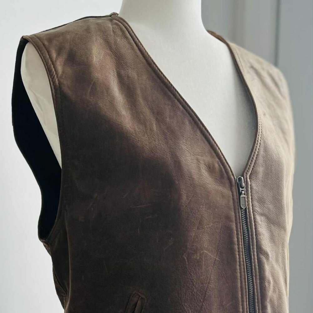 Vintage A Pro-Peaux Plus Men’s Saddle Brown Leather Utility Zip Vest – US S